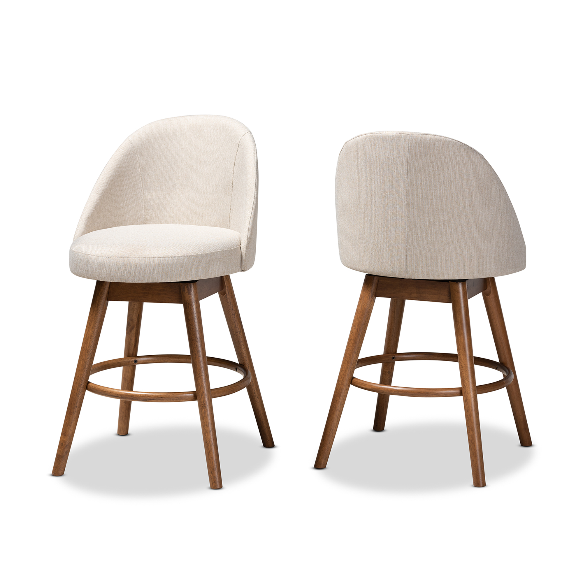 Baxton Studio Carra Mid-Century Modern Light Beige Fabric Upholstered Walnut-Finished Wood Swivel Counter Stool (Set of 2)